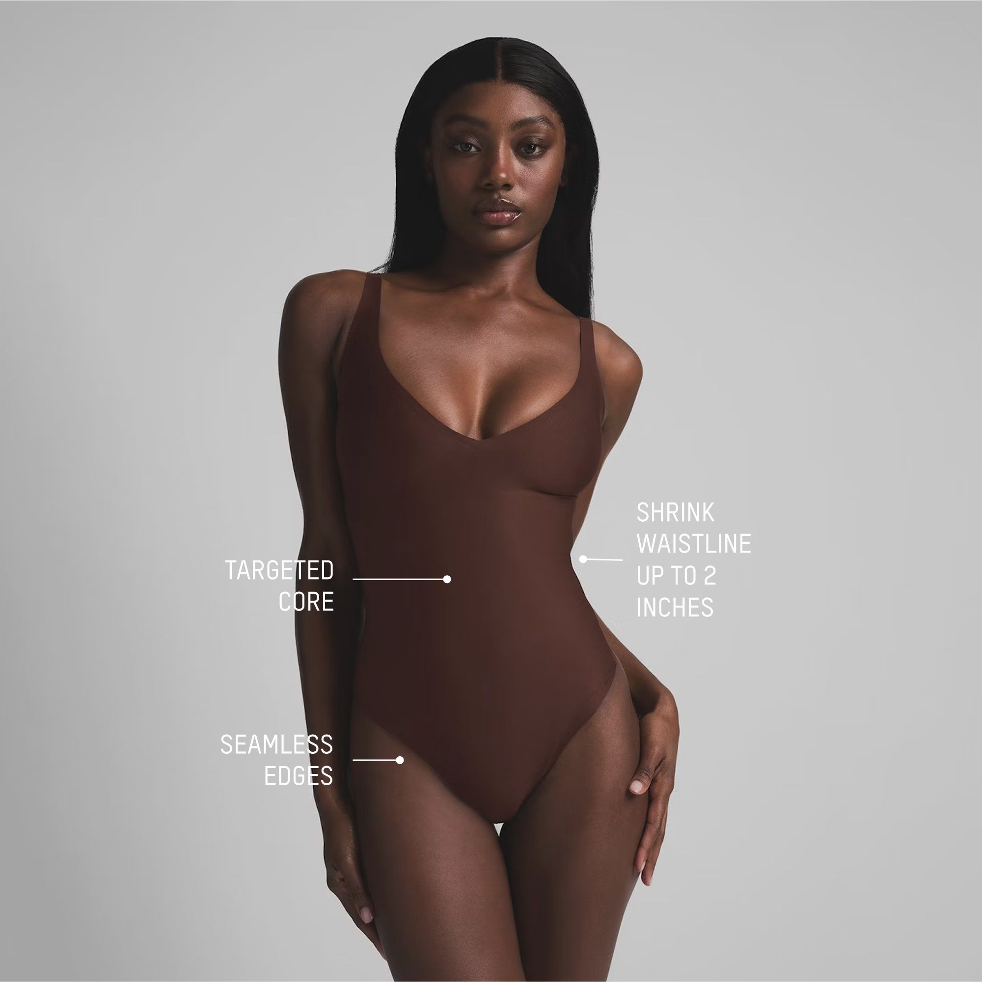 SKIMS BODY CORE SCULPT PLUNGE THONG BODYSUIT | CLAY